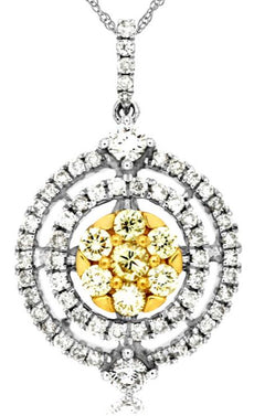 .73CT WHITE & CANARY DIAMOND 14KT WHITE GOLD 3D DOUBLE CIRCULAR FLOATING PENDANT