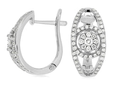 WIDE .56CT DIAMOND 14KT WHITE GOLD 3D FLOWER LEVERBACK HUGGIE HANGING EARRINGS