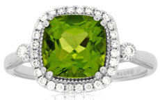 2.28CT DIAMOND & AAA PERIDOT 14KT WHITE GOLD 3D CUSHION & ROUND HALO LOVE RING