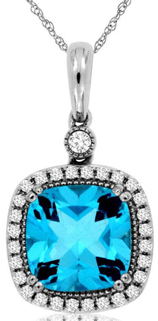 2.78CT DIAMOND & AAA BLUE TOPAZ 14KT WHITE GOLD CUSHION & ROUND FLOATING PENDANT