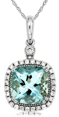 2.08CT DIAMOND & AAA AQUAMARINE 14KT WHITE GOLD 3D CUSHION & ROUND HALO PENDANT