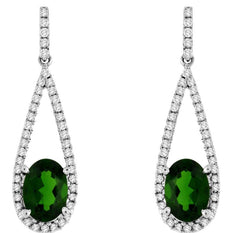 2.25CT DIAMOND & AAA GREEN GARNET 14K WHITE GOLD OVAL TEAR DROP HANGING EARRINGS