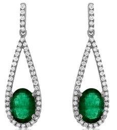 1.75CT DIAMOND & AAA EMERALD 14KT WHITE GOLD 3D OVAL TEAR DROP HANGING EARRINGS