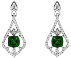 1.6CT DIAMOND & AAA GREEN GARNET 14K WHITE GOLD CUSHION & ROUND HANGING EARRINGS