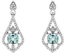 1.38CT DIAMOND & AAA AQUMARINE 14KT WHITE GOLD CUSHION & ROUND HANGING EARRINGS