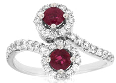 1.02CT DIAMOND & AAA RUBY 14KT WHITE GOLD 3D DOUBLE FLOWER CRISS CROSS FUN RING