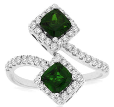 WIDE 1.74CT DIAMOND & AAA GREEN GARNET 14KT WHITE GOLD CUSHION & ROUND FUN RING