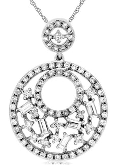 .66CT DIAMOND 14K WHITE GOLD 3D ROUND & BAGUETTE CLUSTER DOUBLE CIRCULAR PENDANT