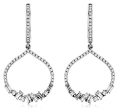 .75CT DIAMOND 14KT WHITE GOLD 3D ROUND & BAGUETTE HERSHEY DROP HANGING EARRINGS