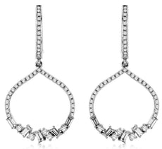 .75CT DIAMOND 14KT WHITE GOLD 3D ROUND & BAGUETTE HERSHEY DROP HANGING EARRINGS