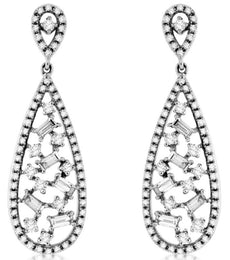 .83CT DIAMOND 14K WHITE GOLD ROUND & BAGUETTE CLUSTER TEAR DROP HANGING EARRINGS