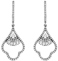 .73CT DIAMOND 14KT WHITE GOLD 3D ROUND & BAGUETTE SEMI FLOWER HANGING EARRINGS