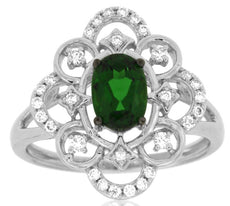 1.17CT DIAMOND & AAA GREEN GARNET 14KT WHITE GOLD OVAL OPEN FILIGREE FLOWER RING