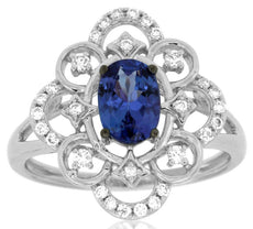 1.07CT DIAMOND & AAA TANZANITE 14KT WHITE GOLD OVAL & ROUND FLOWER FILIGREE RING