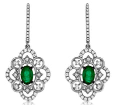 1.27CT DIAMOND & AAA EMERALD 14KT WHITE GOLD OVAL OPEN FILIGREE HANGING EARRINGS