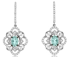 1.25CT DIAMOND & AAA AQUAMARINE 14K WHITE GOLD 3D OVAL FILIGREE HANGING EARRINGS