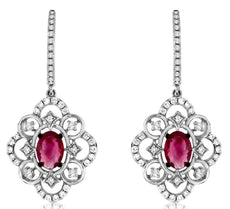 1.70CT DIAMOND & AAA RUBY 14KT WHITE GOLD OVAL & ROUND FILIGREE HANGING EARRINGS