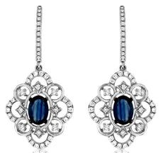 1.57CT DIAMOND & SAPPHIRE 14KT WHITE GOLD OVAL & ROUND FILIGREE HANGING EARRINGS