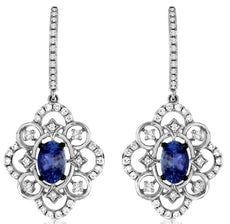 1.45CT DIAMOND & AAA TANZANITE 14KT WHITE GOLD 3D OVAL FLOWER HANGING EARRINGS