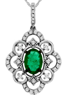 .94CT DIAMOND & AAA EMERALD 14KT WHITE GOLD OVAL & ROUND FLOWER FILIGREE PENDANT