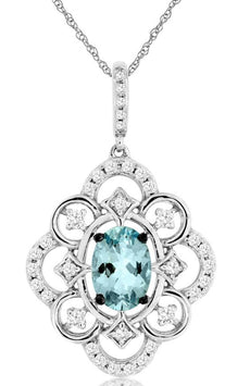 .90CT DIAMOND & AQUAMARINE 14K WHITE GOLD OVAL & ROUND FILIGREE FLOATING PENDANT