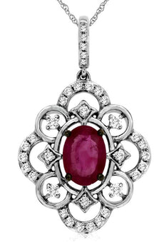 1.14CT DIAMOND & RUBY 14K WHITE GOLD OVAL & ROUND OPEN FILIGREE FLOATING PENDANT