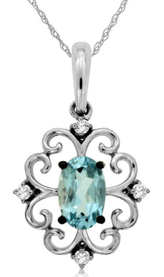 DIAMOND & AQUAMARINE 14KT WHITE GOLD OVAL & ROUND HEART FLOWER FLOATING PENDANT