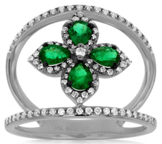 .86CT DIAMOND & AAA EMERALD 14K WHITE GOLD PEAR SHAPE & ROUND 4 LEAF CLOVER RING