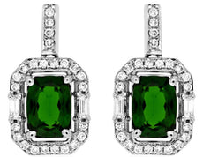 2.2CT DIAMOND & AAA GREEN GARNET 14K WHITE GOLD CUSHION OCTAGON HANGING EARRINGS