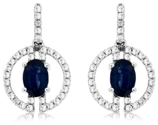 1.65CT DIAMOND & AAA SAPPHIRE 14KT WHITE GOLD 3D OVAL CIRCULAR HANGING EARRINGS