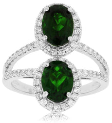 3.26CT DIAMOND & AAA GREEN GARNET 14KT WHITE GOLD OVAL & ROUND DOUBLE HALO RING