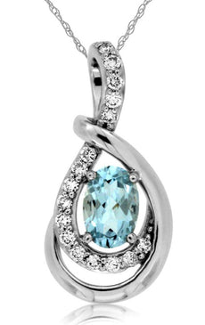 .55CT DIAMOND & AAA AQUMARINNE 14K WHITE GOLD OVAL LOVE KNOT TEAR DROP PENDANT