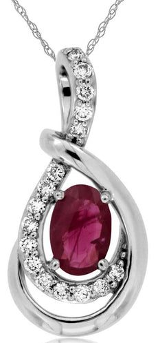 .69CT DIAMOND & AAA RUBY 14K WHITE GOLD OVAL & ROUND LOVE KNOT TEAR DROP PENDANT