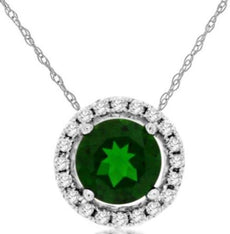 .63CT DIAMOND & AAA GREEN GARNET 14KT WHITE GOLD 3D ROUND HALO FLOATING PENDANT