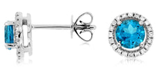 1.31CT DIAMOND & AAA BLUE TOPAZ 14KT WHITE GOLD ROUND HALO CLASSIC STUD EARRINGS