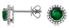 1.05CT DIAMOND & AAA EMERALD 14KT WHITE GOLD 3D ROUND HALO CLASSIC STUD EARRINGS