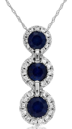 0.75CT DIAMOND & AAA SAPPHIRE 14KT WHITE GOLD 3 STONE ROUND HALO JOURNEY PENDANT