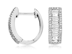 ESTATE 1.02CT DIAMOND 14K WHITE GOLD 3D ROUND & BAGUETTE HUGGIE HANGING EARRINGS