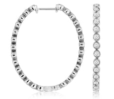 1.0CT DIAMOND 14KT WHITE GOLD ROUND FILIGREE MILGRAIN OVAL HOOP HANGING EARRINGS