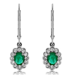 1.03CT DIAMOND & AAA EMERALD 14KTWHITE GOLD OVAL & ROUND FLOWER HANGING EARRINGS