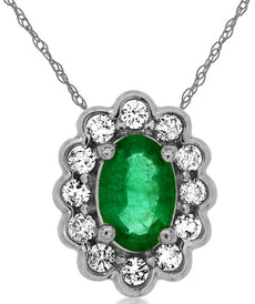 .61CT DIAMOND & AAA EMERALD 14KT WHITE GOLD OVAL & ROUND FLOWER FLOATING PENDANT