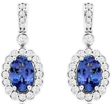 1.33CT DIAMOND & TANZANITE 14KT WHITE GOLD OVAL & ROUND FLOWER HANGING EARRINGS