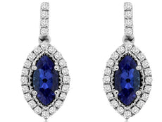1CT DIAMOND & AAA SAPPHIRE 14K WHITE GOLD MARQUISE & ROUND HALO HANGING EARRINGS