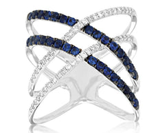 .89CT DIAMOND & AAA SAPPHIRE 14KT WHITE GOLD MULTI ROW CRISS CROSS INFINITY RING