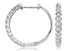 1.0CT DIAMOND 14KT WHITE GOLD 3D ROUND SEMI BEZEL HOOP HUGGIE HANGING EARRINGS