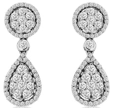 ESTATE .85CT DIAMOND 14KT WHITE GOLD CLUSTER ROUND & TEAR DROP HANGING EARRINGS
