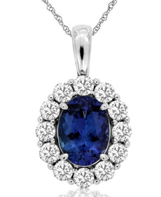 2.05CT DIAMOND & AAA TANZANITE 14KT WHITE GOLD 3D OVAL & ROUND FLOWER PENDANT