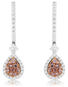 .83CT WHITE & PINK DIAMOND 14KT WHITE GOLD 3D CLUSTER TEAR DROP HANGING EARRINGS