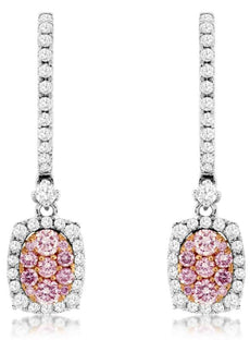 .88CT WHITE & PINK DIAMOND 14KT WHITE & ROSE GOLD CLUSTER OVAL HANGING EARRINGS