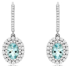 2.2CT DIAMOND & AQUAMARINE 14KT WHITE GOLD OVAL & ROUND FLOWER HANGING EARRINGS